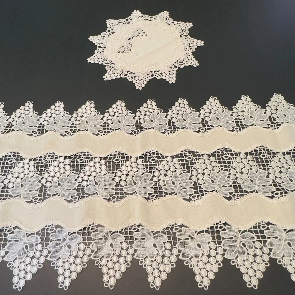 Vintage Beige Lace Table Runner and Doily Set Grape Vine Motif Scalloped Edge